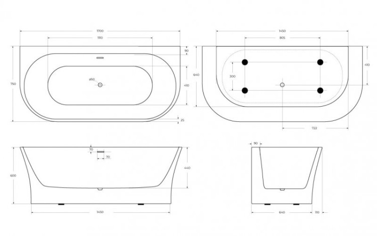 Пристенная, полукруглая акриловая ванна в комплекте со сливом-переливом Cezares BB711-1700-750