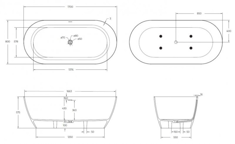 Ванна из искусственного камня Solid Surface 1500х750х570 Cezares CZR-RELAX-150-75-57-SSB