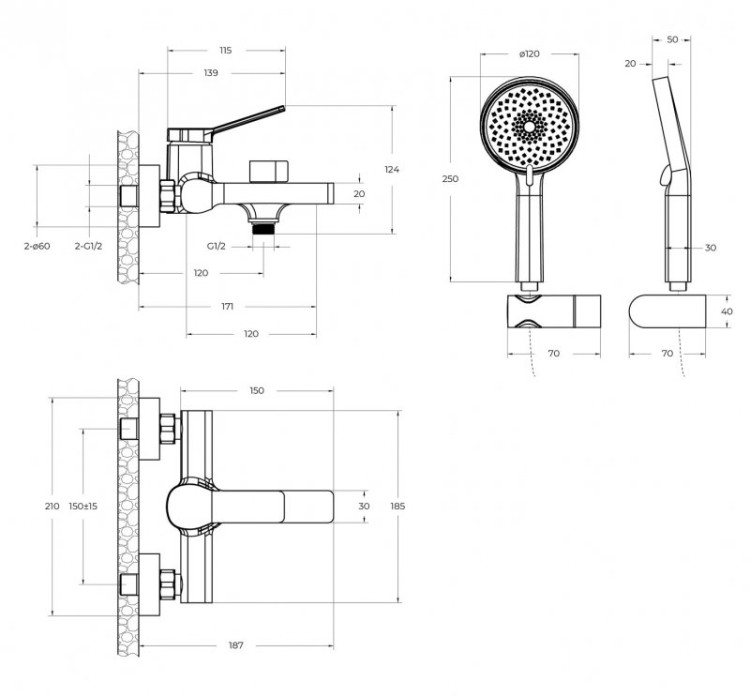 Смеситель для ванны и душа в комплекте с ручным душем, шлангом и держателем Cezares ALBANO-VASM-CRM