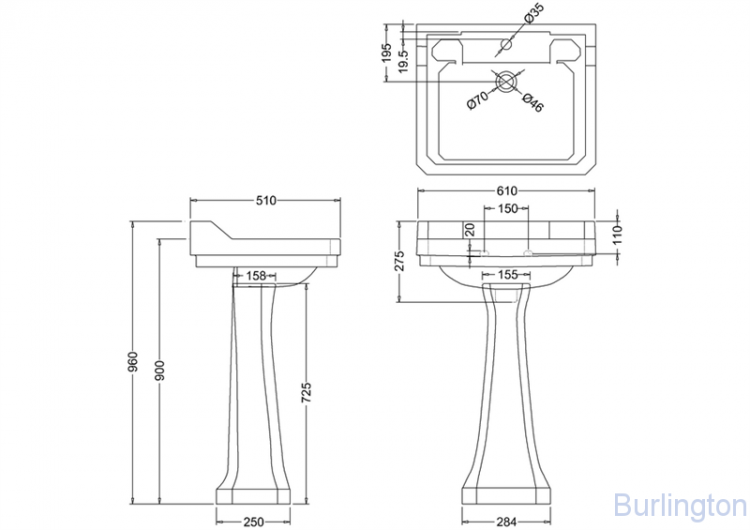 Раковина Edwardian 61 см на 1 или 3 отверстия, с пьедесталом Regal