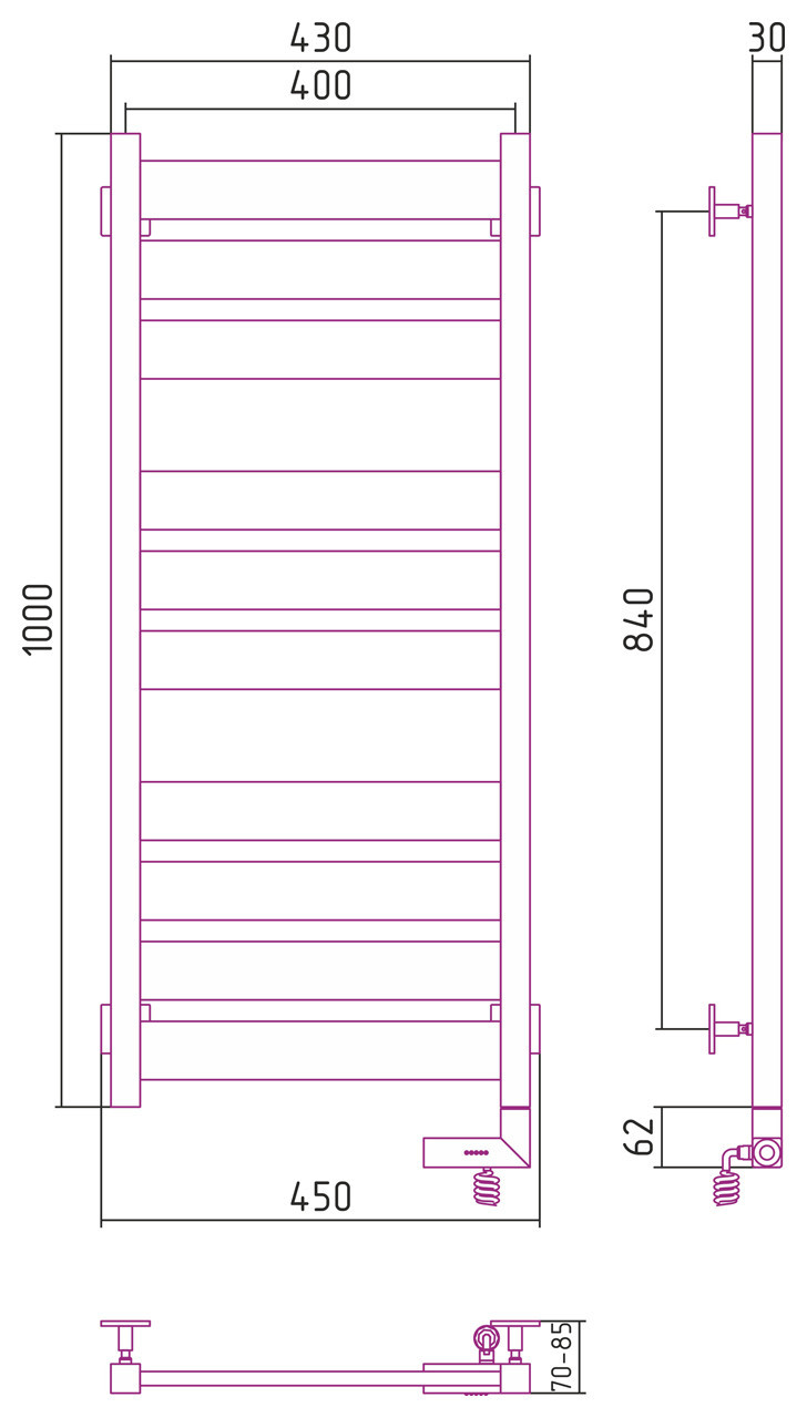 Полотенцесушитель электрический Сунержа Центурион 2.0 1000x400 МЭМ правый Матовый чёрный