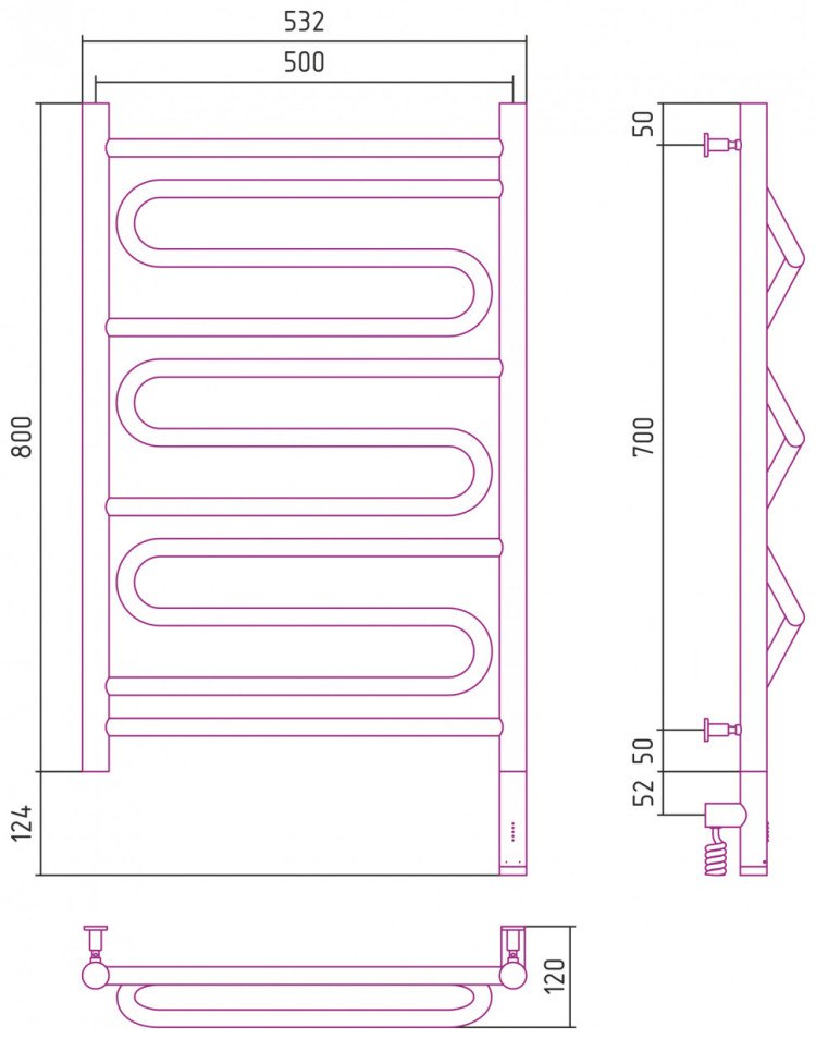 Полотенцесушитель электрический Сунержа Элегия 3.0 800х500 МЭМ правый Тёмный титан муар