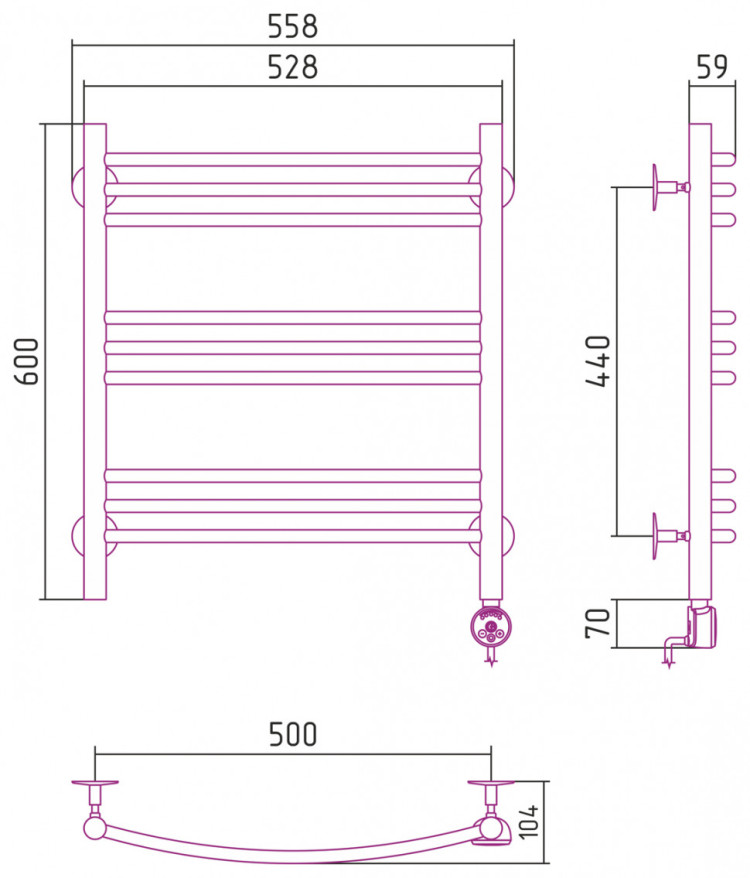 Полотенцесушитель электрический Стилье Формат 10 ТП 600х500 (3+3+3) Г16 Без покрытия