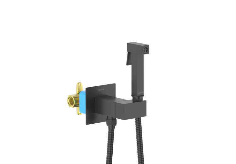 Комплект для гигиенического душа встроенный (смеситель с прогрессивным картриджем + гигиеническая лейка + шланг) Aquatek, матовый черный AQ1025MB ЛИРА