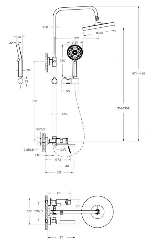 Душевая стойка со смесителем и изливом, верхним и ручным душем Cezares ALBANO-VSCM-CRM