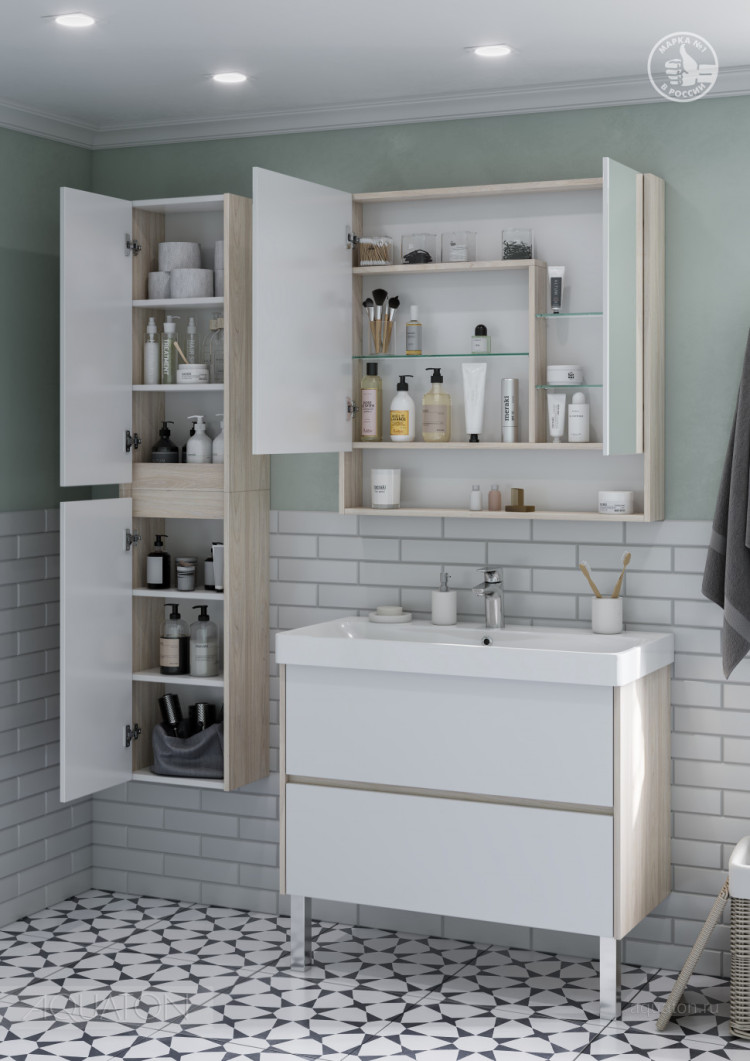 Зеркальный шкаф AQUATON Сканди 90 белый, дуб верона 1A252302SDB20