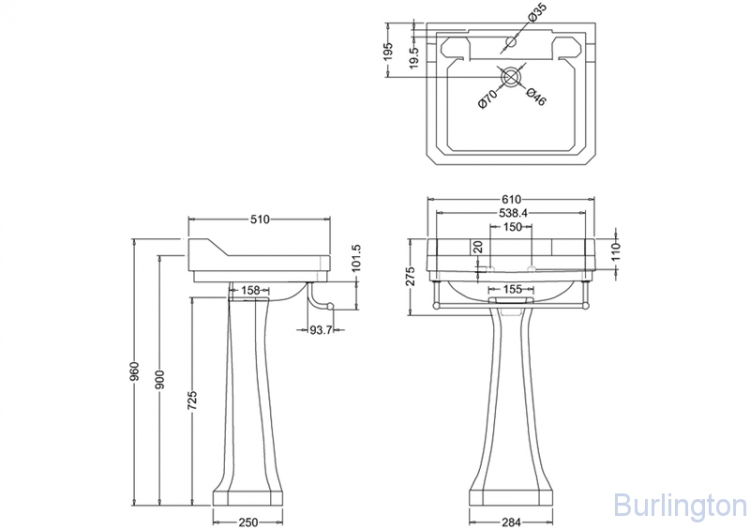 Раковина Edwardian 61 см на 1 или 3 отверстия, с пьедесталом Regal и полотенцедержателем