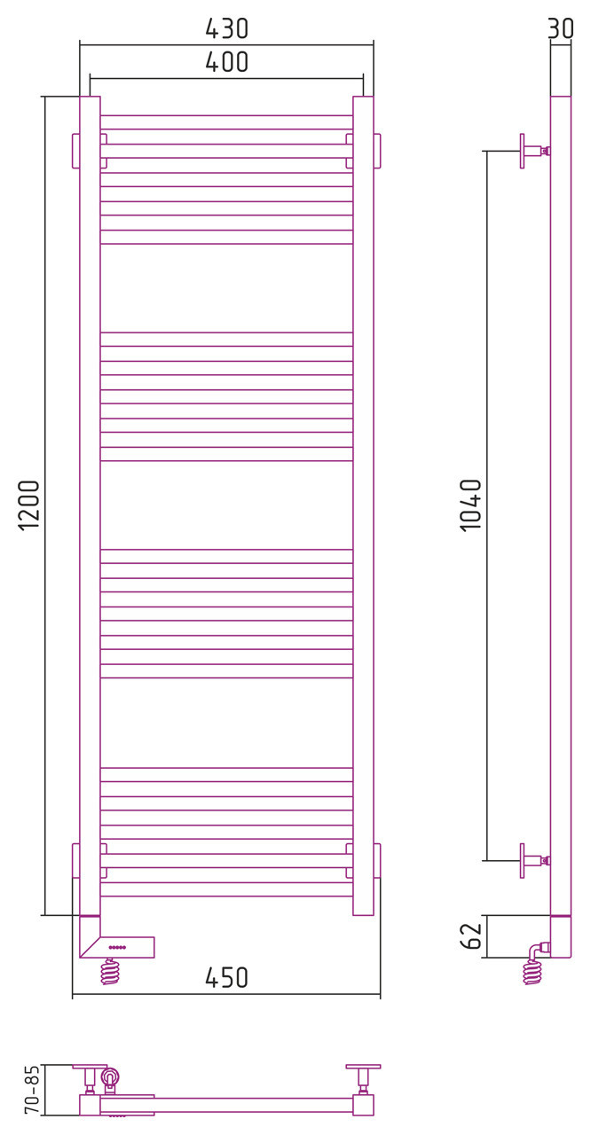 Полотенцесушитель электрический Сунержа Модус 2.0 1200x400 МЭМ левый Без покрытия