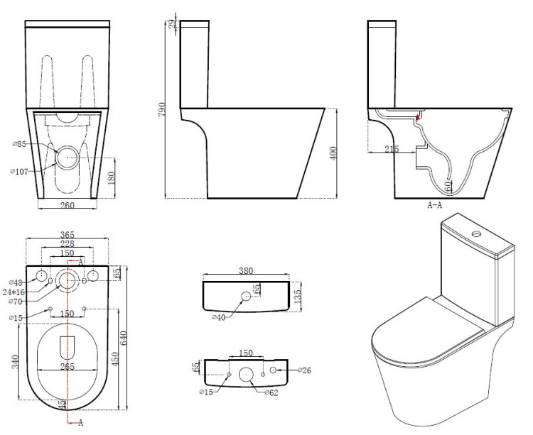 Унитаз-компакт напольный безободковый с бачком Aquatek БЕТТА AQ1363B-00 640*365*790 мм, горизонтальный выпуск, тонкое сиденье с механизмом плавного закрывания, крепеж
