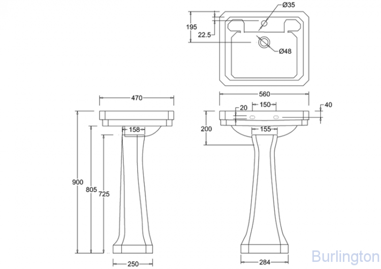 Раковина Victorian 56 см на 1 или 3 отверстия с пьедесталом Regal