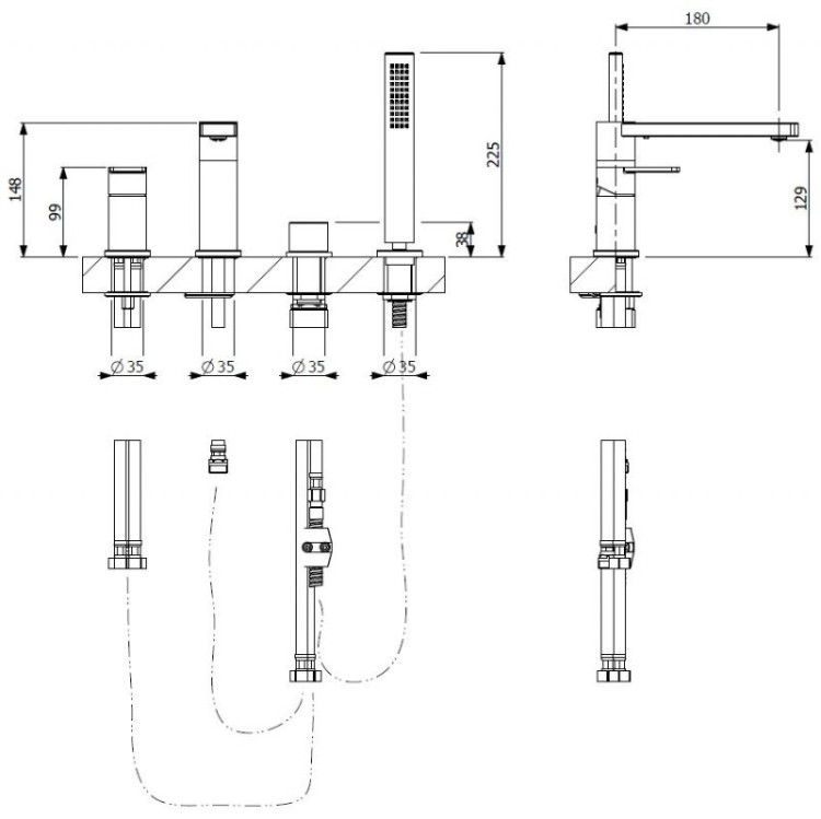 Смеситель на борт ванны однорычажный, с выдвижным душем и переключателем, на 4 отверстия. Высота излива 148 мм Cezares GLAM-BVDM4-BIO