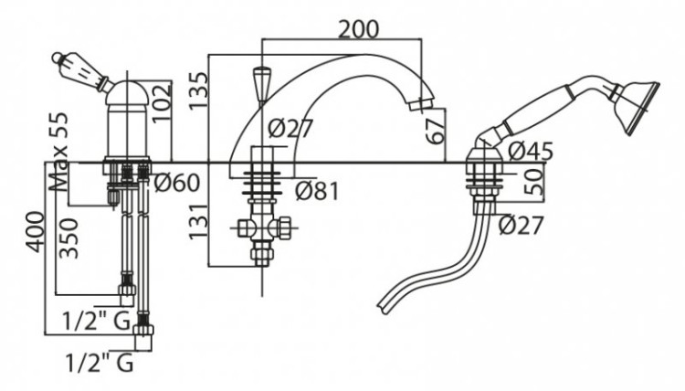 Смеситель на борт ванны Cezares VINTAGE-BVDM-01-Sw-N