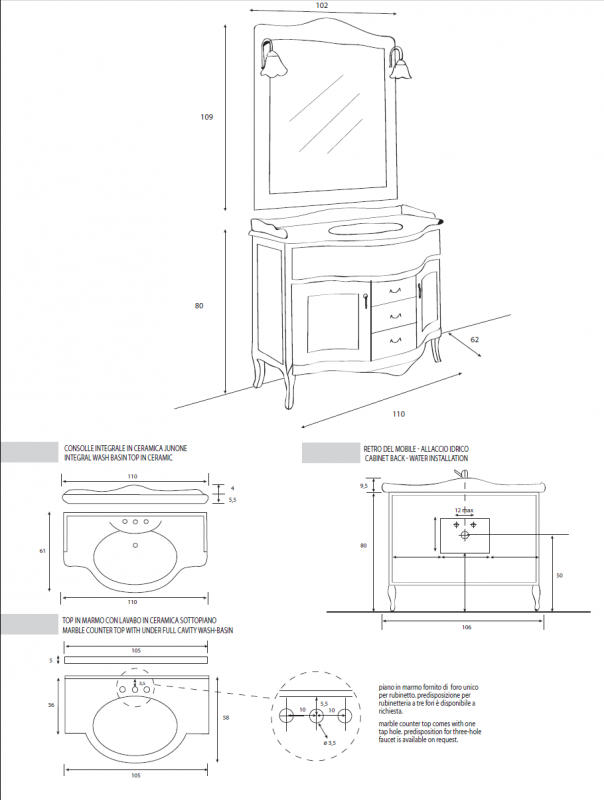 База под раковину с тремя выдвижными ящиками и двумя распашными дверцами 106x57x80 Cezares ANDAMA.BA.BLO