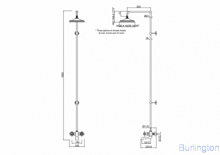 Душевая стойка c внешним термостатом, настенный BT2WS c душевой насадкой 12''