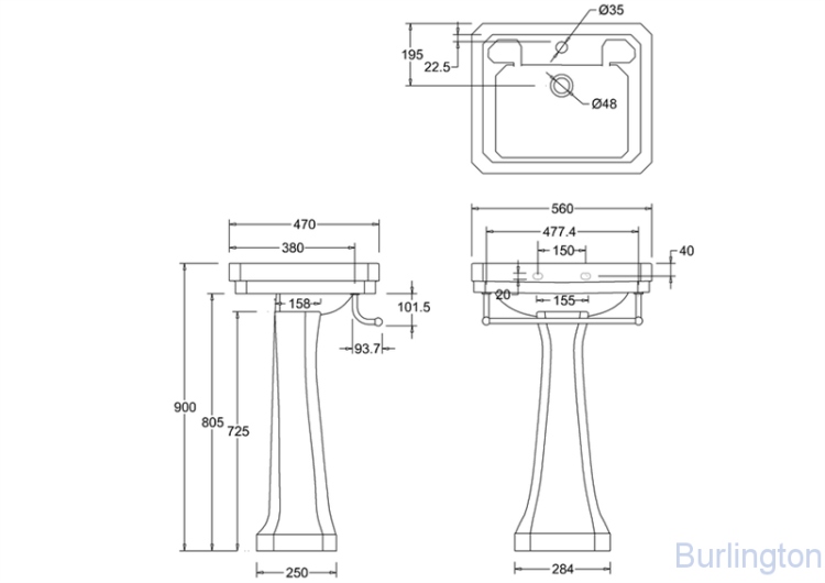 Раковина Victorian 56 см на 1 или 3 отверстия с пьедесталом Regal и полотенцедержателем