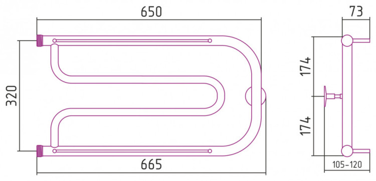 Полотенцесушитель водяной Стилье Дуэт 2 полки 320х650 резьба-сгон 1