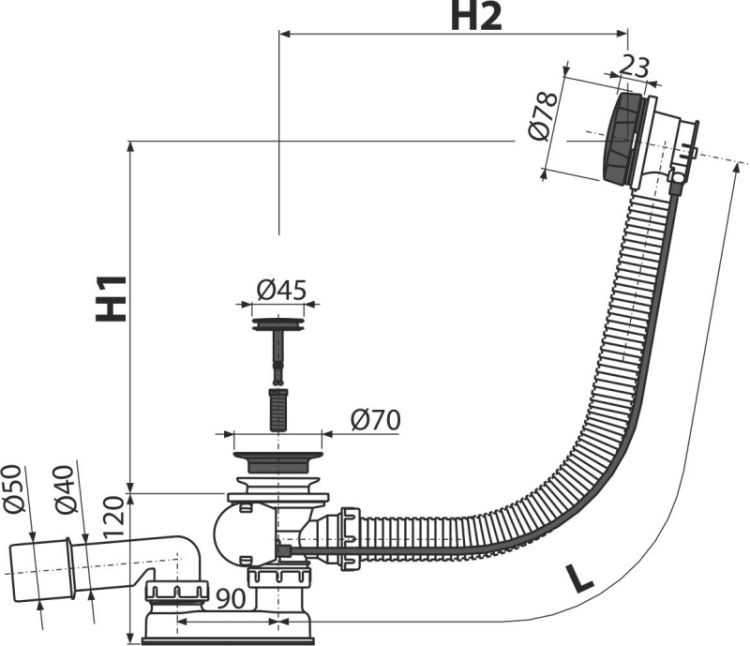 Сифон для ванны автомат комплект, черный-мат Alcadrain A55BLACK