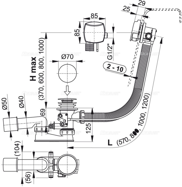 Сифон для гидромассажных ванн с напуском через перелив, металл Alcadrain A566-273133