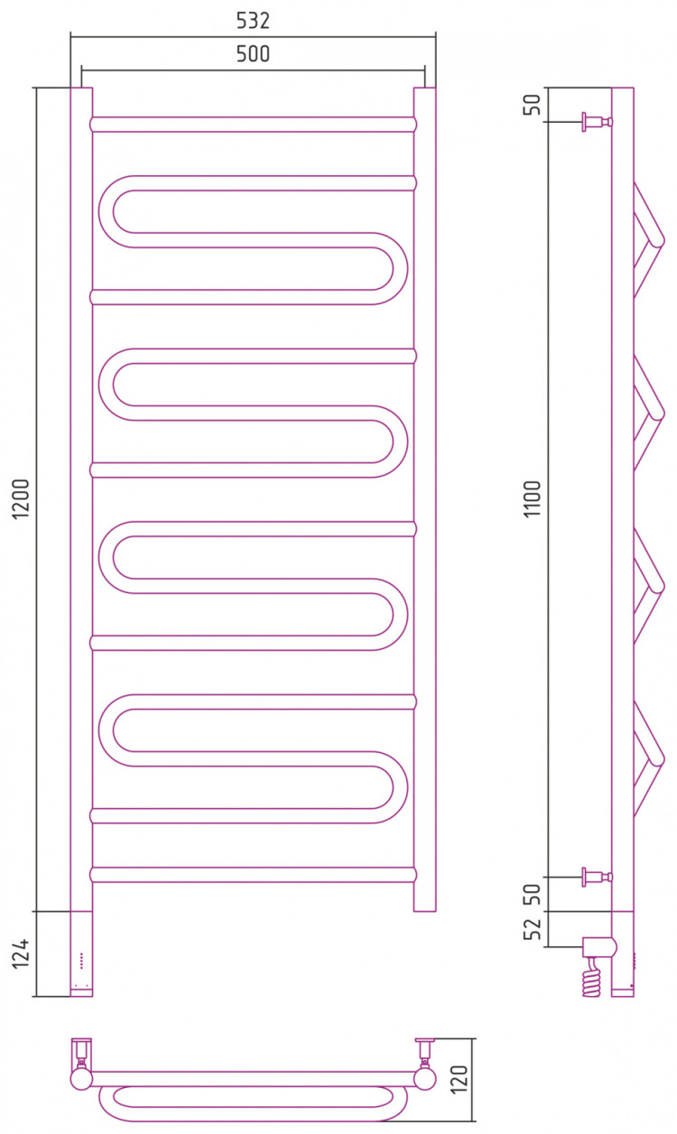 Полотенцесушитель электрический Сунержа Элегия 3.0 1200х500 МЭМ левый Матовый чёрный