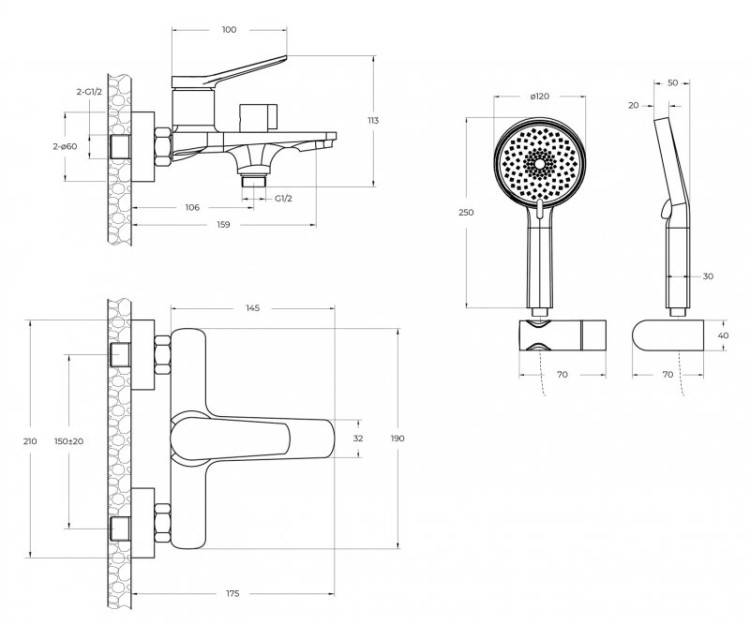 Смеситель для ванны и душа в комплекте с ручным душем, шлангом и держателем Cezares UNIQUE-VASM-CRM