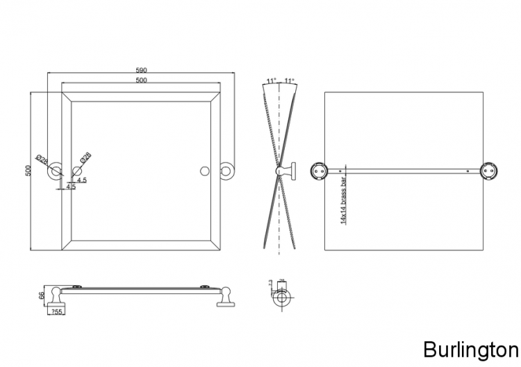 Квадратное зеркало 590x66x500 mm, ХРОМ