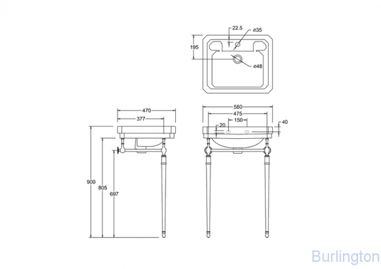 Раковина Victorian 56 см на 1 или 3 отверстия с хромированным подстольем Regal