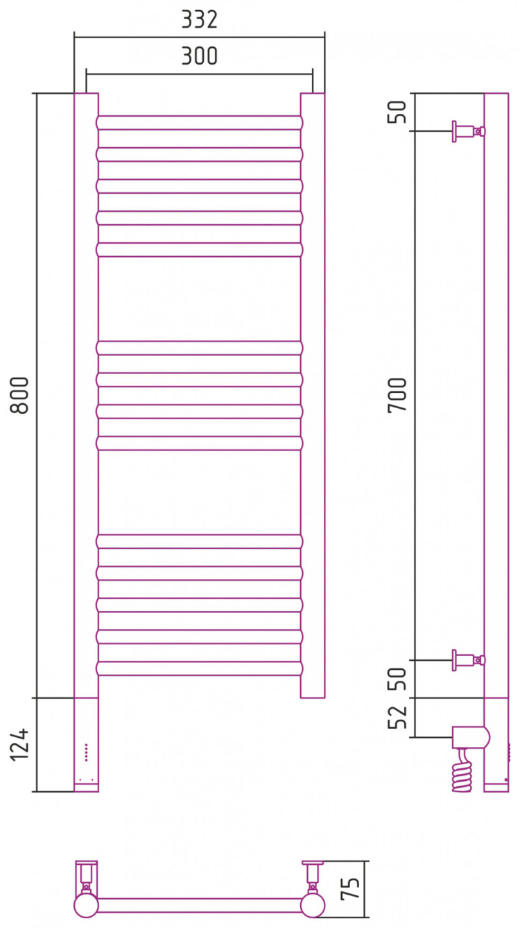 Полотенцесушитель электрический Сунержа Богема 3.0 прямая 800х300 МЭМ левый Без покрытия