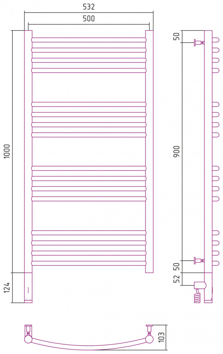 Полотенцесушитель электрический Сунержа Богема 3.0 выгнутая 1000х500 МЭМ левый Матовое золото