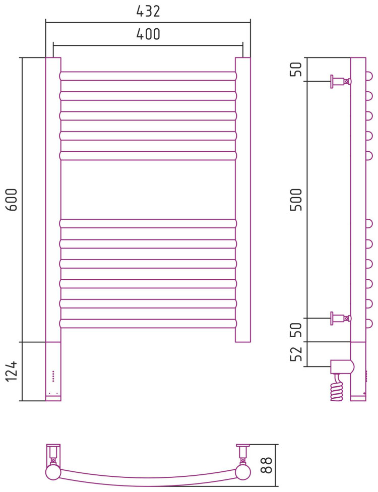 Полотенцесушитель электрический Сунержа Богема 3.0 выгнутая 600х400 МЭМ левый Матовая шампань