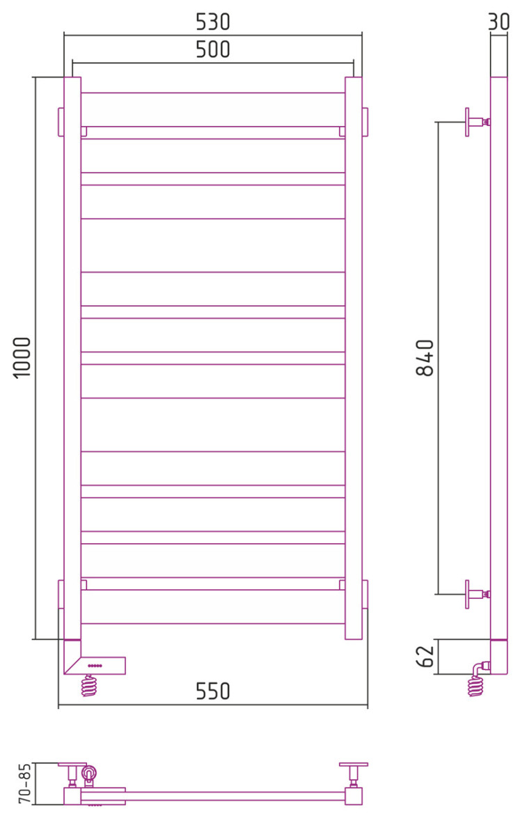 Полотенцесушитель электрический Сунержа Центурион 2.0 1000x500 МЭМ левый Матовый чёрный