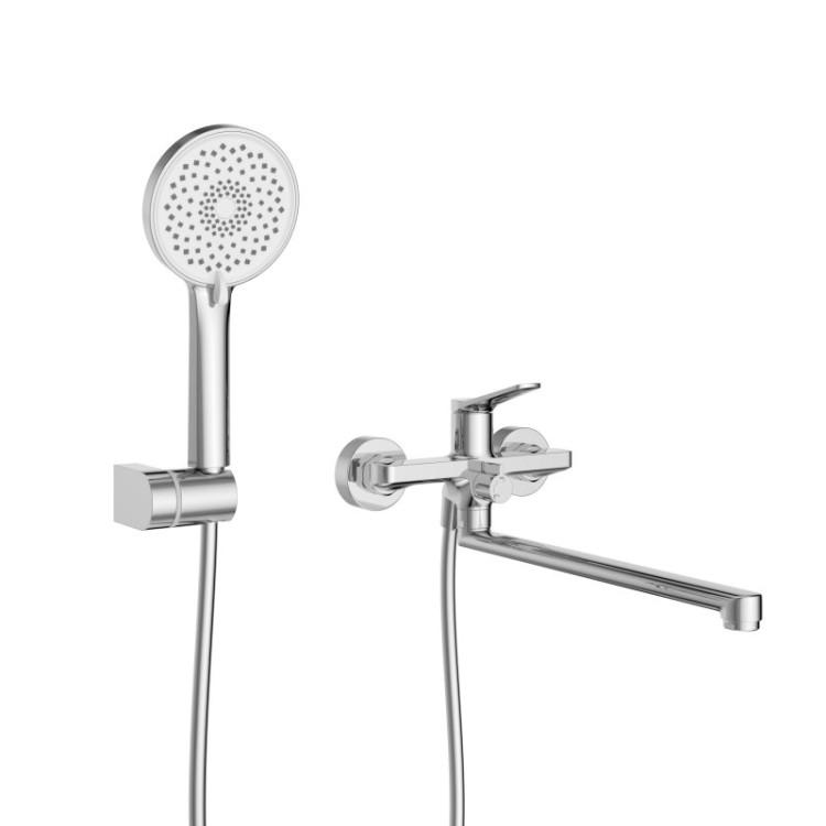 Смеситель для ванны и душа с длинным изливом в комплекте с ручным душем, шлангом и держателем Cezares UNIQUE-VASM-L-CRM