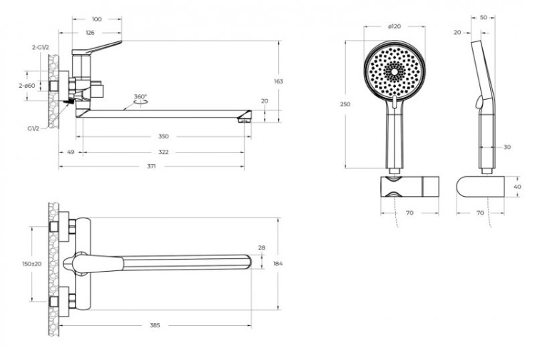 Смеситель для ванны и душа с длинным изливом в комплекте с ручным душем, шлангом и держателем Cezares UNIQUE-VASM-L-CRM