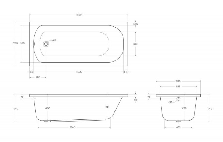 Передняя панель для акриловой ванны с комплектом крепежа для установки на каркасе Cezares ECO-155-F-SCR-W37