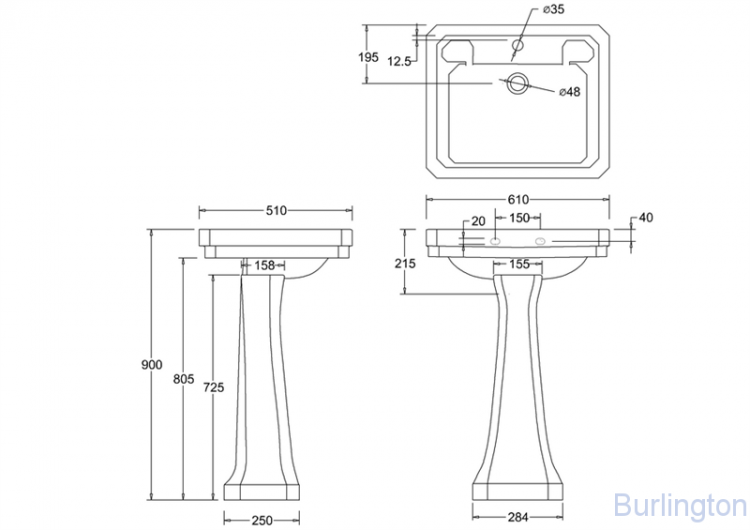 Раковина Victorian 61 см на 1 или 3 отверстия с пьедесталом Regal
