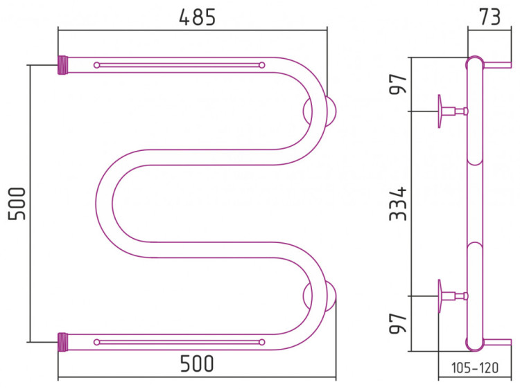 Полотенцесушитель водяной Стилье М-образный 2 полки 500х500 резьба-сгон 1