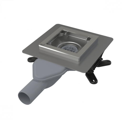 Сливной трап из нержавеющей стали зкстра низкий 130×130 мм боковой сток, без pешетки, гидрозатвор мокрый Alcadrain APV110