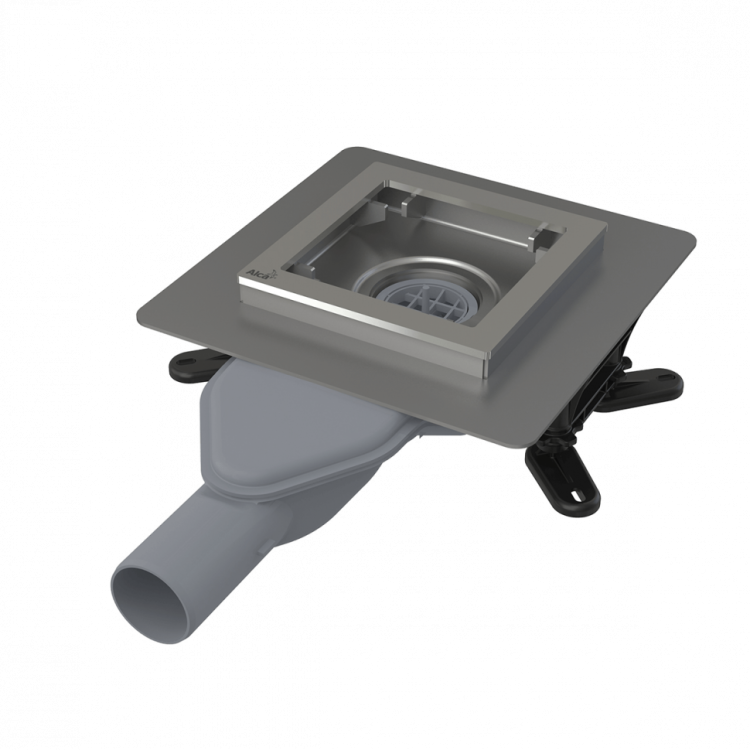 Сливной трап из нержавеющей стали зкстра низкий 130×130 мм боковой сток, без pешетки, гидрозатвор мокрый Alcadrain APV110