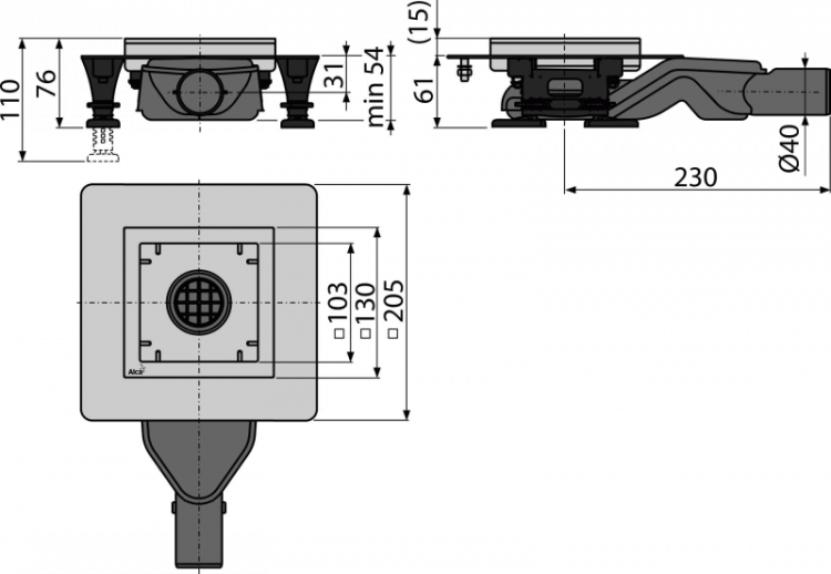 Сливной трап из нержавеющей стали зкстра низкий 130×130 мм боковой сток, без pешетки, гидрозатвор мокрый Alcadrain APV110