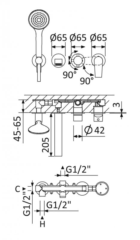 Встраиваемый смеситель для ванны и душа однорычажный с поворотным переключателем на 3 выхода, в комплекте с ручным душем Cezares NAUTIC-VDM3-NOP
