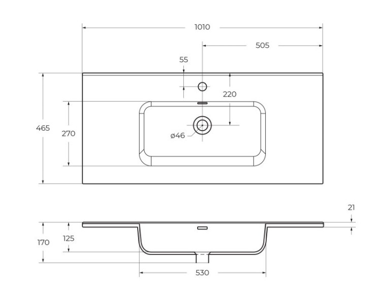 Стеклянная раковина 1010x465x145 мм без перелива BelBagno BB1010/465-LV-VTR-BO