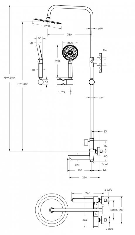 Душевая стойка со смесителем и изливом, верхним и ручным душем Cezares UNIQUE-VSCM-CRM