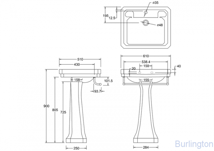 Раковина Victorian 61 см на 1 или 3 отверстия с пьедесталом Regal и полотенцедержателем