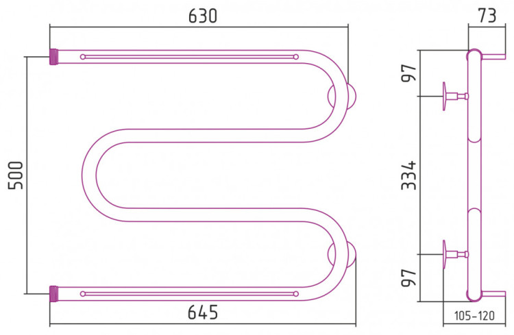 Полотенцесушитель водяной Стилье М-образный 2 полки 500х650 резьба-сгон 1