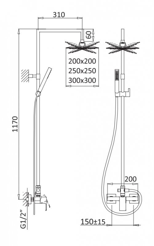 Душевая стойка со смесителем для верхнего и ручного душа, верхний душ из нержавеющей стали Cezares PORTA-CD-NOP