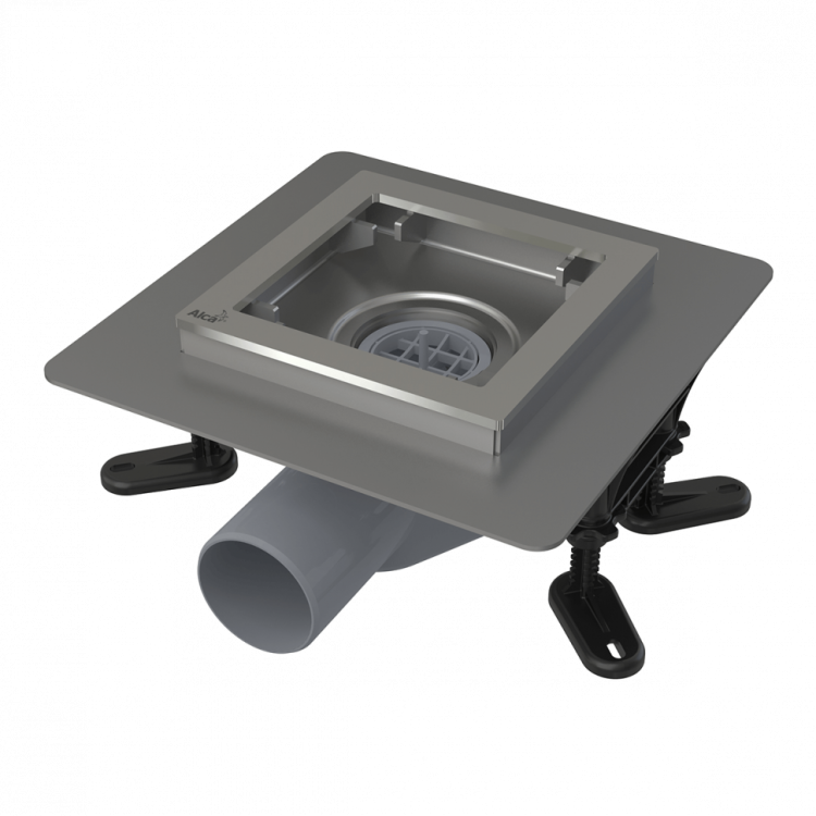 Сливной трап из нержавеющей стали низкий 130×130 мм боковой сток, без pешетки, гидрозатвор мокрый Alcadrain APV120