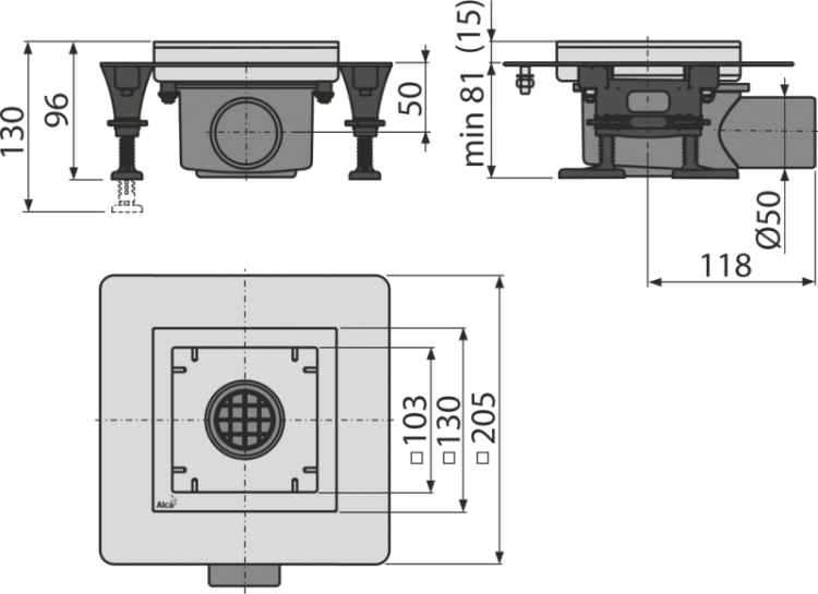 Сливной трап из нержавеющей стали низкий 130×130 мм боковой сток, без pешетки, гидрозатвор мокрый Alcadrain APV120