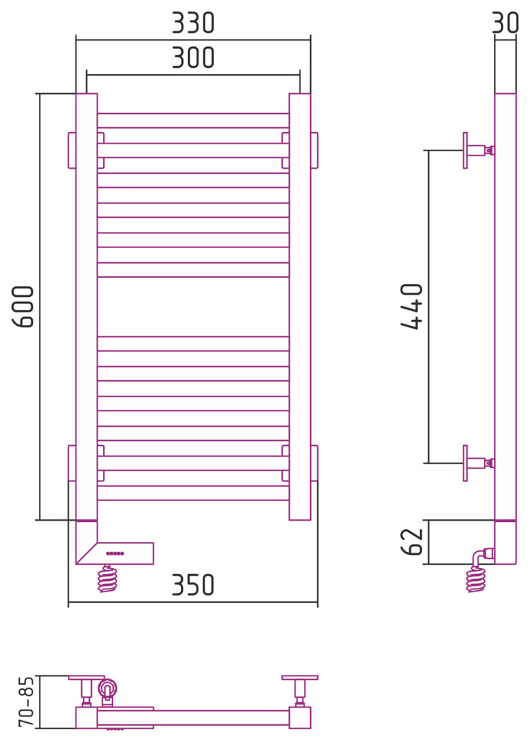 Полотенцесушитель электрический Сунержа Модус 2.0 600х300 МЭМ левый Без покрытия