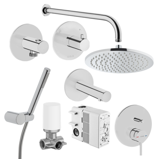 Набор встроенной душевой системы Origin на 3 направления, хром (верхняя лейка, излив, ручной душ, смеситель встроенный внешняя и внутренняя часть)