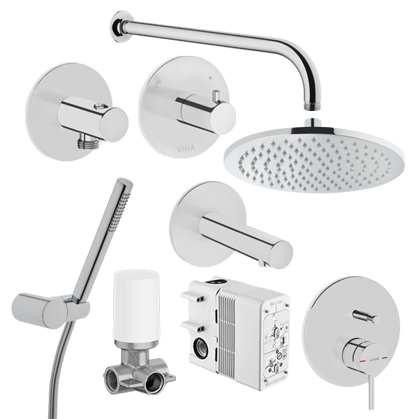 Набор встроенной душевой системы Origin на 3 направления, хром (верхняя лейка, излив, ручной душ, смеситель встроенный внешняя и внутренняя часть)