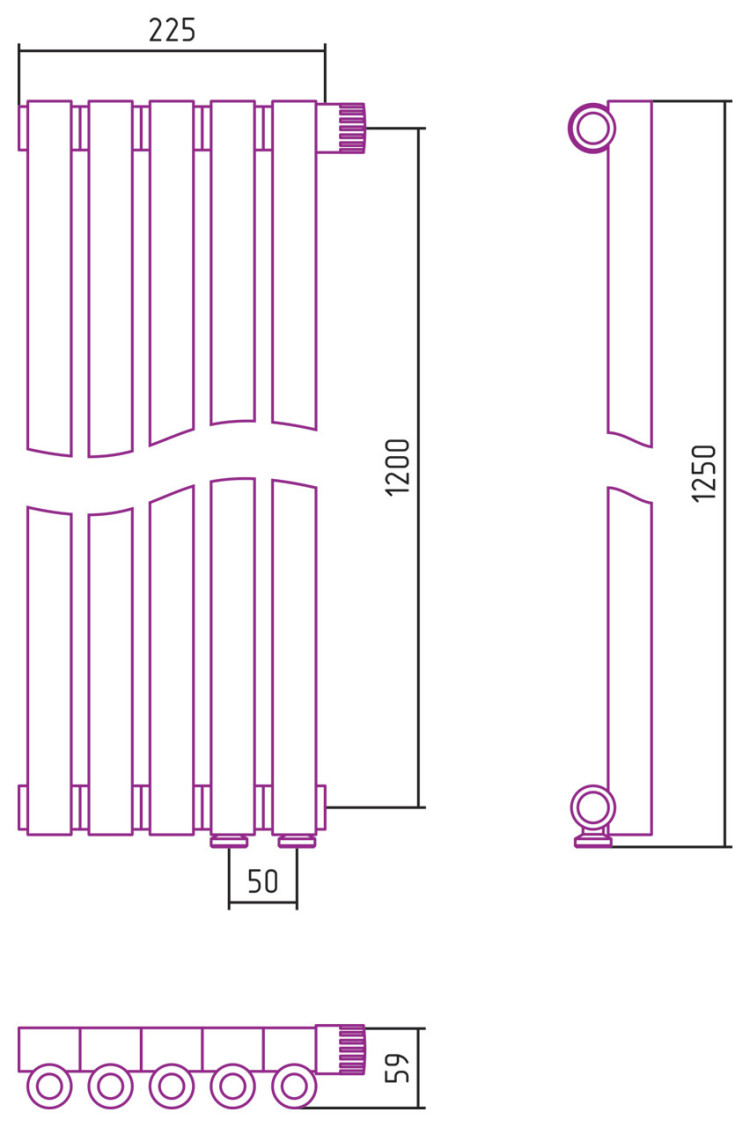 Отопительный радиатор Сунержа Эстет-0 EU50 правый 1200х225 5 секций Тёмный титан муар